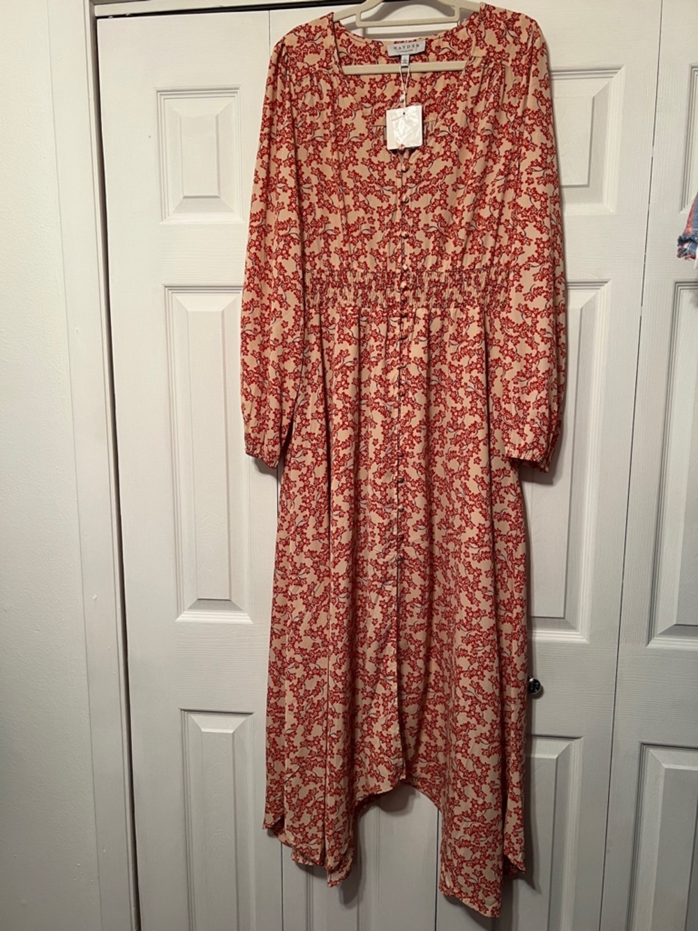 HAYDEN Women's Cream Dress with Red Floral Print - Long Sleeve Midi